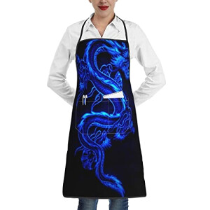 Tablier de cuisine Dragon chinois bleu réglable
